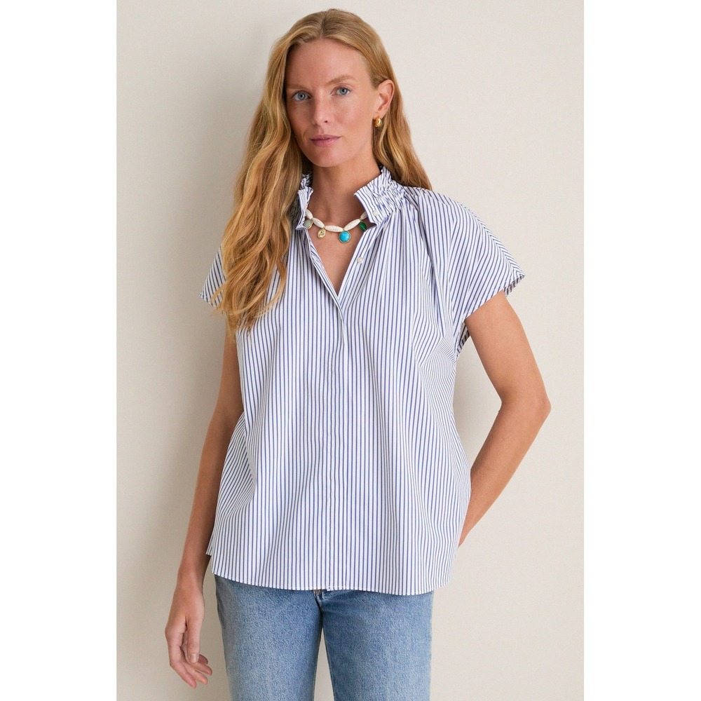 NWT Tuckernuck Pomander Place Rae Blue White Ruffle Neck Blouse (MSRP: $98) M